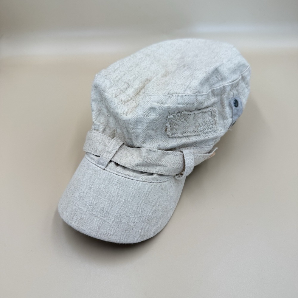 Vintage Y2K Mudd Mens Cargo Cadet Cap Distressed Military Cotton Hat Cream